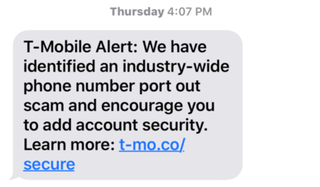 Screenshot from a text alert that T-Mobile sent its customers